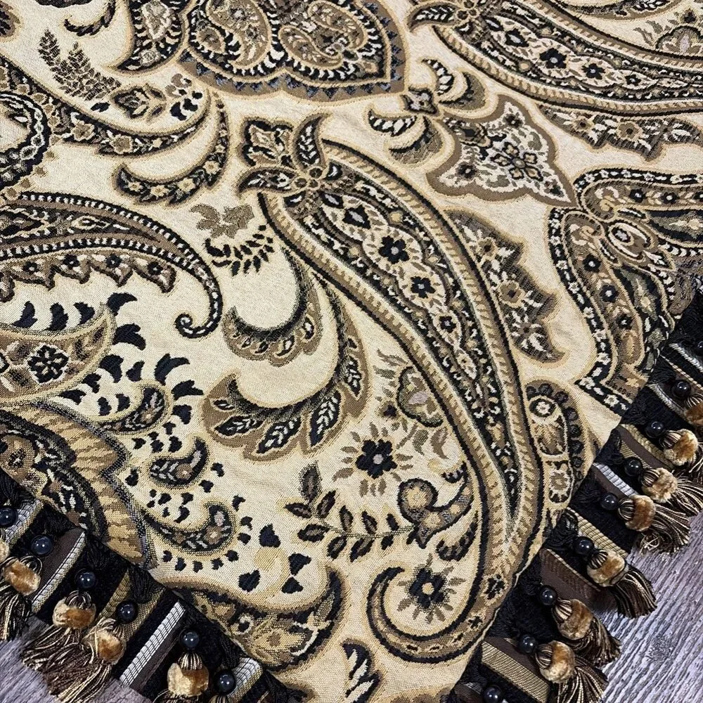 Arabella chenille damask decorative throw pillow Sham with brown & gold fringe
